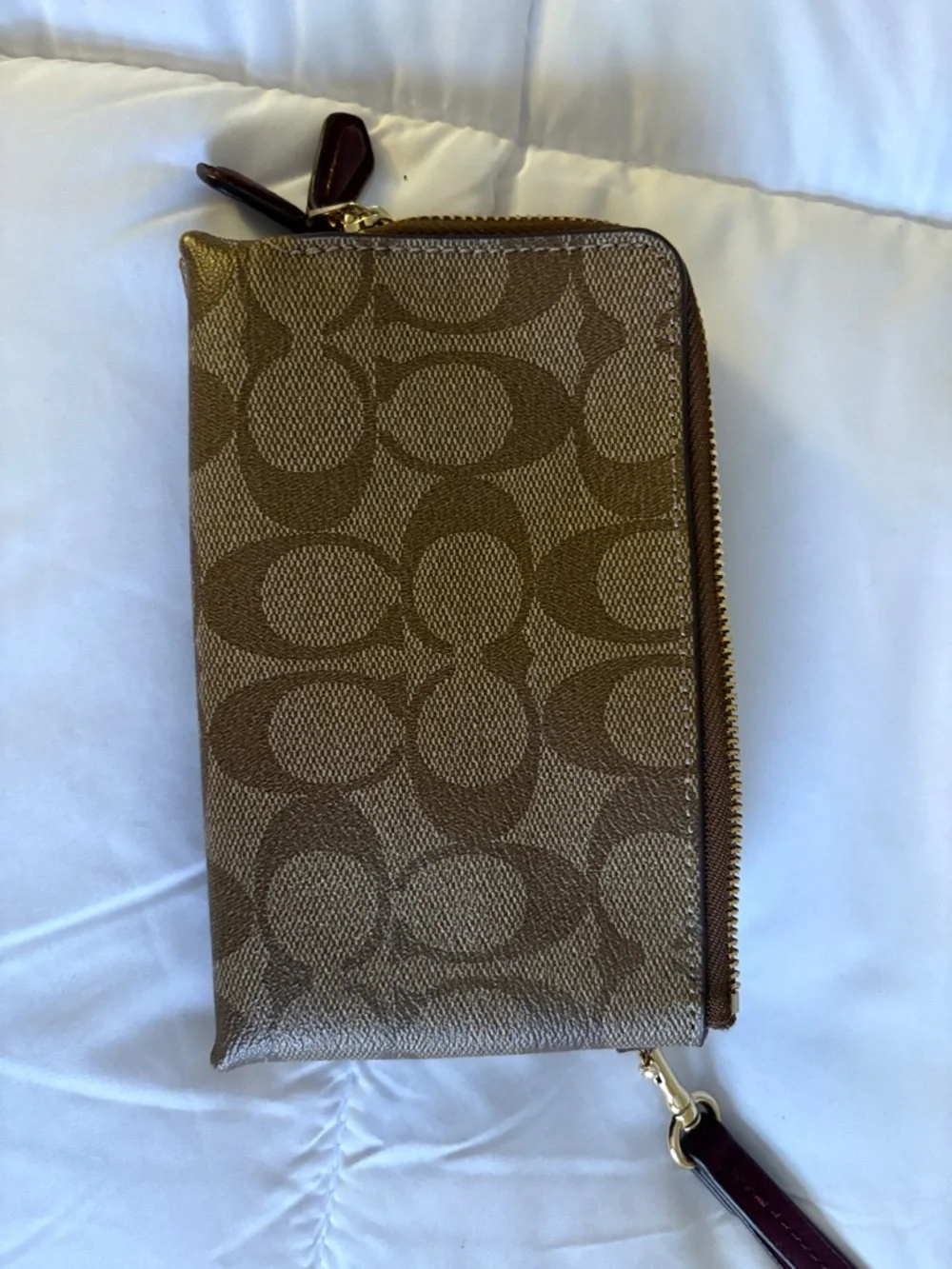 Coach Brown Signature Canvas Wristlet with Burgundy Strap with Dust Cover - Picture 5 of 11